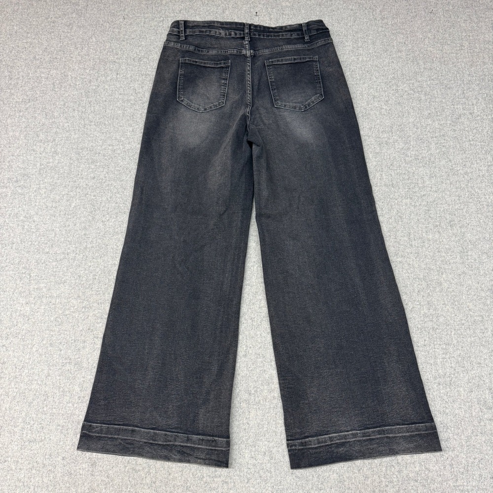 Jeans Wide Leg Denim Pants XL Black Faded Wash High Rise Patch Pockets 2096 - Picture 9 of 10